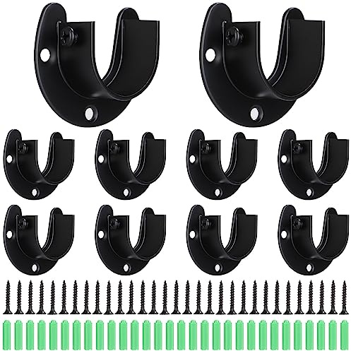 ABuff 10 Pack Stainless Steel Closet Rod Bracket, 1-1/4 Inch Closet Rod Holder, Heavy Duty Closets Rods Support Brackets, U Shaped Closets Pole Sockets Flange Rods Holder for Curtain Rodd (Black)