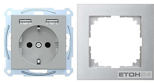 Komplettset Schuko-Steckdosen-Einsatz mit USB Ladegerät, Schuko Steckdose USB, Rahmen 1-fach, Merten System M, Aluminium