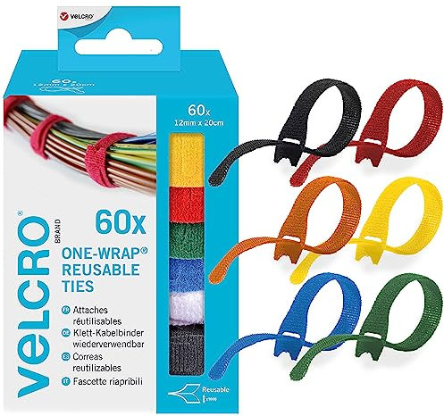 VELCRO Brand | ONE-WRAP | Organiser Hook and Loop Straps| Reusable Assortment Cable Ties for Home & Office Bundling | Multi-Colour | 12mm x 20cm | 60 Pack