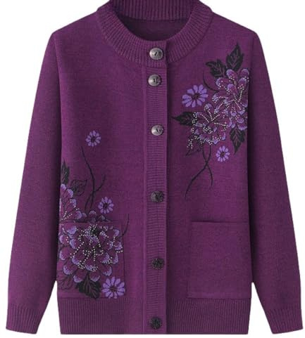 Cardigan Classique Imprimé Strass pour Dames Senior Cardigan Tricoté D'âge Moyen Et Âgé Vieille Dame Haut Occasionnel Grand Mère Porter Manteau Printemps Automne Mère Porter Pull Chaud,Violet,XL