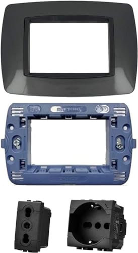 Di Tutto Per Tutti® Set Completo 4 Pezzi Living Light Compatibile, 1 Placca 3 Posti Acciaio Scuro, 1 Supporto 3 Posti, 1 Shuko 2P + T 10/16A 250V, 1 Presa Bipasso 2P+T 16A 250V