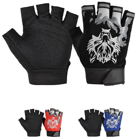 CubePlug Guanti Mezze Dita da Ciclismo per Bambini e Bambine, Imbottiti in Gel, per Bici BMX, Senza Dita [SPI (Black Wolf, M)