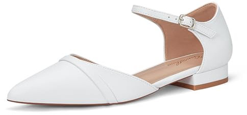 GENSHUO Flache Damenschuhe mit Knöchelriemen, Elegante Spitze Zehenpartie, Flache Schuhe Für Die Arbeit, Weiß, 40 EU