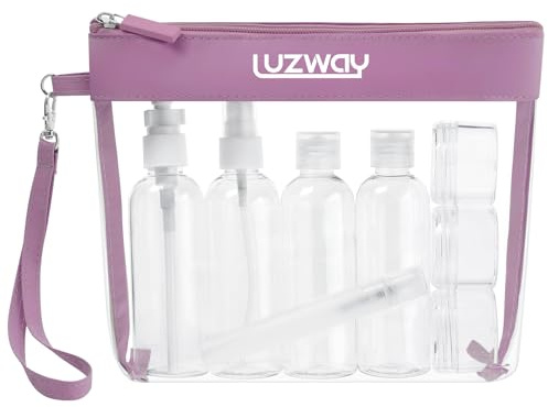 LUZWAY Trousse de Toilette Transparente + 8 Bouteilles Vide pour Liquides (Max.100ml), Kit de Voyage pour l'Avion, Set dans Bagages à Main, Sac Cosmétiques pour Hommes et Femmes