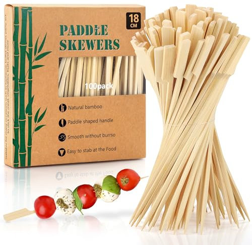Aodaer 100 Pieces Bamboo Paddle Skewers 18CM Natural Wooden Cocktail Sticks BBQ Skewers Food Picks for Barbeque, Kebabs, Cocktails Buffet Party