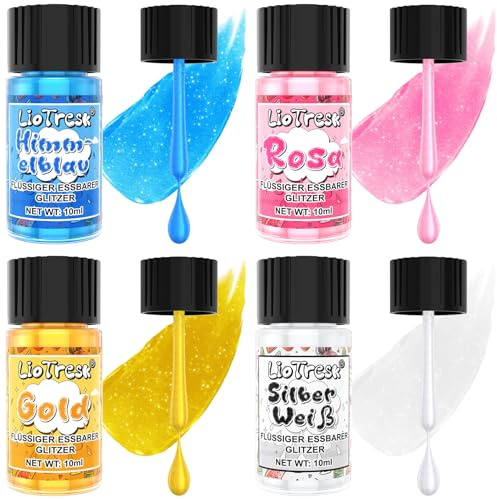 Essbarer Glitzer, 4 Farben Flüssiges Essbarer Glitzer für Getränke Lebensmittelfarben Set, Metallischer Glitzer Essbar für Kuchendekoration, Getränke, Zuckerguss, Cocktails, Erdbeeren - 10ml