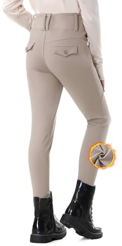 SPOEAR Kid's Fleece Lined Horse Riding Pants Winter Equestrian Breeches Girls Knee Patch Silicone Schooling Tights Pockets(Khaki,S)