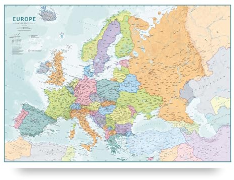 Maps International Mappa da parete dell'Europa per bambini, poster educativo per apprendimento, aggiornata al 2025, laminata, 59 x 42 cm