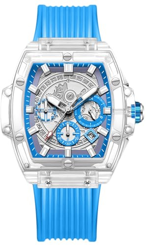 RORIOS Relojes para Hombres Transparente Tonneau Reloj Analógico de Cuarzo Reloj de Pulsera Multifuncional Moda Reloj Impermeable Cronógrafo Azul