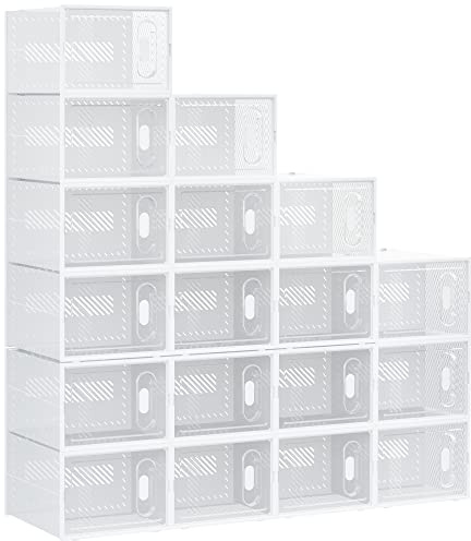 HOMCOM Schuhboxen 18er Set Stapelbar, bis Größe 45, Transparent+Weiß | Schuhkarton, Schuhorganizer, Schuhaufbewahrung, Aufbewahrungsboxen, Schuhschrank, Regalsystem, Transparent Tür