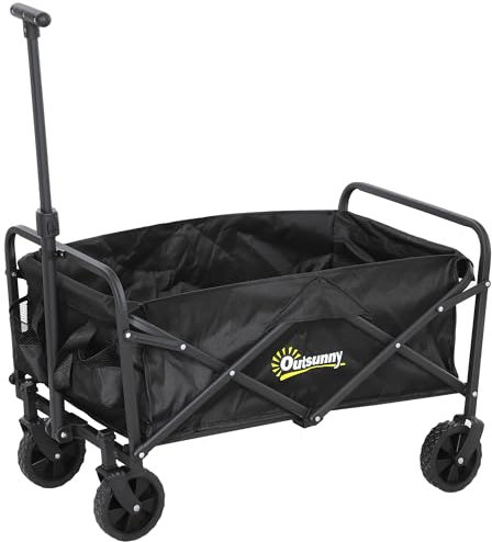 Outsunny Carro Playa con Ruedas Carro de Jardín Plegable con Asa Telescópica Ajustable 2 Bolsas de Almacenaje Carga 120 kg Carrito Transporte para Todo Terreno Jardín Campaña Compra Negro