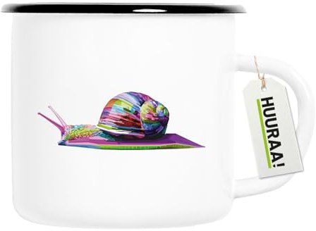 Huuraa Emaille Tasse Schnecke Colorful Geschenk | 300ml Becher Weiß mit Schwarzem Rand Vintage Campingbecher Geschenkidee Kaffeetasse als Wohnwagen Zubehör Campingtasse