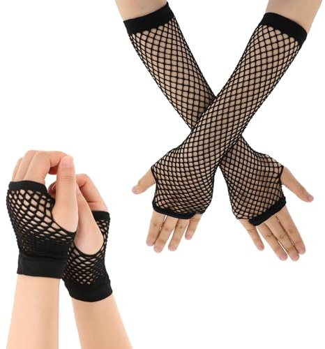 2 Pairs Fingerless Mesh Gloves Fishnet Gloves Long Neon Fingerless Fishnet Glove Short Fishnets Mesh Glove Fish Net Arm Sleeves 80s Party Cosplay Costume Accessories, Halloween Accessories (Black)