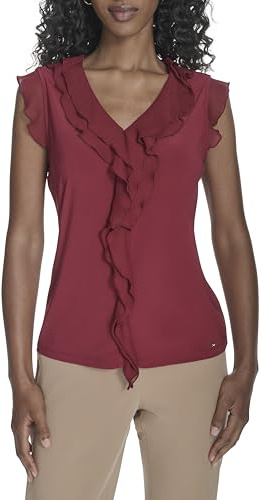 Tommy Hilfiger Blusa da Donna, Senza Maniche, Mix Media con Volant sul Davanti