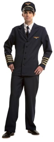 My Other Me Déguisement de pilote pour homme, taille M-L. Comprend un bonnet noir avec badge doré, une chemise blanche, un pantalon et une veste en bleu marine et des détails dorés sur les manches et