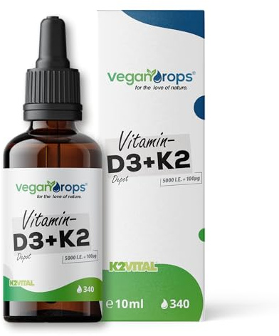 Vegan Drops® - Vitamin D3 & K2 Depot Tropfen - 125mcg Vitamin D (5000 i.E.) & 100mcg Vitamin K2 pro Tagesdosis - 340 Tropfen, 10ml pro Flasche - vegan, ohne Alkohol & in Deutschland
