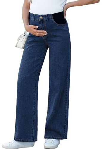 BLENCOT Womens Wide Leg Maternity Jeans Pregnancy Pants with Pockets High Waisted Casual Loose Denim Outfit Clothes Navy Blue Medium