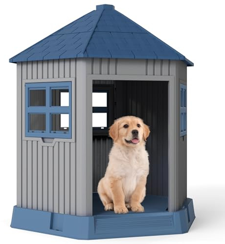 FANTASK Hundehütte Outdoor, Hundehaus Winterfest mit großer Tür & 2 Fenstern aus PP, scheunenförmig, Outdoor Hundehütte für mittelgroße bis große Hunde & Katzen, Grau