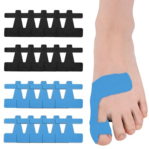 Hallux Valgus kinesiotapes – 20 förskurna kinesiologitejp för smärtlindring och stabilisering, precut kinesiologitejp för tå och fot, hudvänlig och latexfri (svart + blå)
