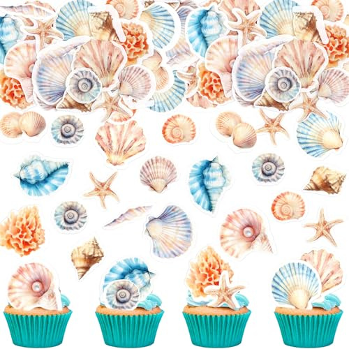 Blumomon 52Stück Essbare Schalentiere Kuchen Deko Seashell Cupcake Topper Meeresthemen Meerestiere Geburtstagstorte Topper Unter dem Meer Party Supplies Kuchen Dekoration Ocean Party