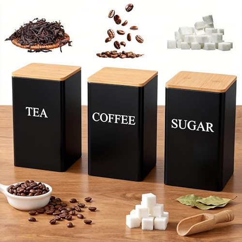 KAYIN Tea Coffee Sugar Canisters,850 ML Airtight Kitchen Storage Tins with Bamboo Lids, Metal Food Caddy Containers for Countertop Organisation, Set of 3, Black