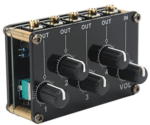 Xiuganpo Mini Mixer Audio Stereo Nero a 4 per Lettore di Cassette, Mixer Audio Sensibile per Lettori CD, Telefoni Cellulari, Acrilico e Metallo