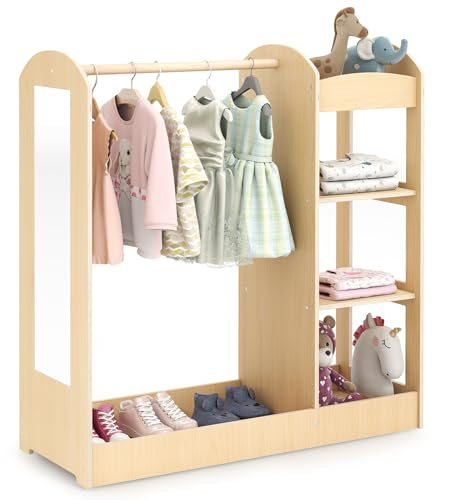 DREAMADE Kinderkleiderschrank mit Spiegel und Kleiderstange, Kinder Kleiderschrank Kinderregal mit 4 offener Abalgen, Kinder Kleiderständer für Kinderzimmer, 93,5x38x100cm (Natur)
