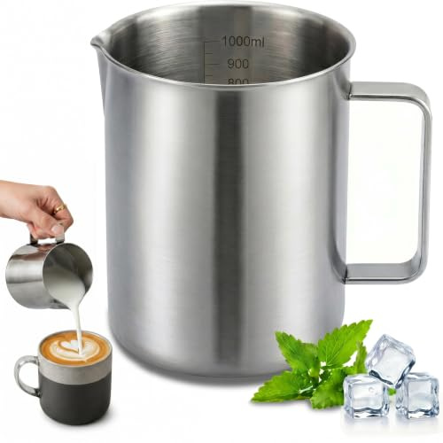 Stainless Steel Measuring Jug 1000ml, 1ltr/35fl.oz Milk Frother Jug with Measurement Measuring Jug with Handle for Wax Melting Latte Art Coffee Milk