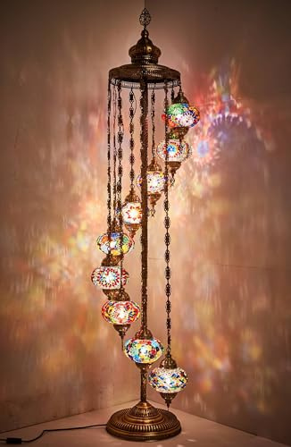 DEMMEX 9 Globe Turkish Floor Lamp, 6ft Tall - Turkish Moroccan Mosaic Floor Lamp, Tiffany-Style Standing Lamp for Bedroom & Living Room - Handmade Decorative Lighting, All Multicolors