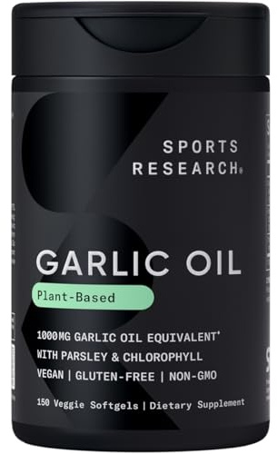 Sports Research® Odorless Garlic Oil Pills with Parsley & Chlorophyll - Vegan Certified · Non-GMO · Gluten Free - 150 Plantgel Capsules