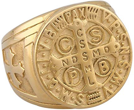 Flongo Herren Ring Männerring Herrenring Benediktussegen, Breit Edelstahl Band Ring Ringe Gold Silber Bandring Siegelring Daumenring Saint Benedict Medal Herren-Accessoires