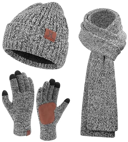 Herren Winter Warm Beanie Mütze Lange Schal und Touchscreen Handschuhe Set mit Fleece Gefüttert Wintermütze Strickmütze rutschfeste Winterhandschuhe Schals Geschenk für Männer, A Grau