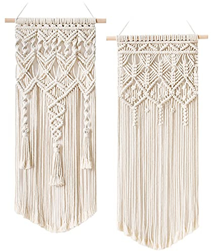 Mkono 2 Pcs Macrame Woven Wall Hanging Boho Chic Geometric Art Decor - Beautiful Bedroom Nursery Apartment Home Decoration, Gift for Girls Adults Birthday Christmas, 32 L x 16.5 W