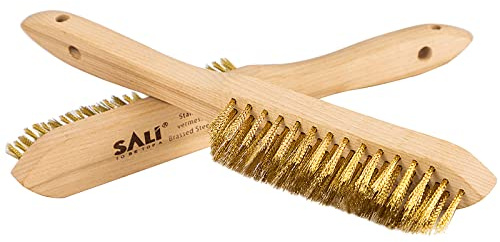 SALI Heavy Duty Copper Plated Steel Brushes - for Rust Removal, Automotive Cleaning, Welding Slag, Grill & Household Use, 11 Curved Beechwood Handle, 14X4 Rows Bristles (Pack of 2)
