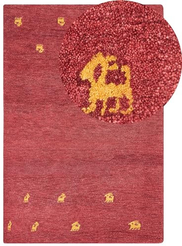 Beliani Gabbeh Teppich rot aus Wolle 200 x 300 cm Hochflor abstraktes Tiermuster weich Yarali