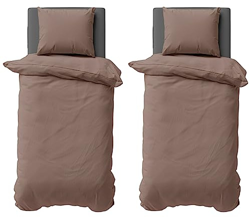 Visaggio Bettwäsche 135x200 cm Mikrofaser Uni Einfarbig 4 teilige Bettbezug Set mit Reißverschluss Nougat Braun