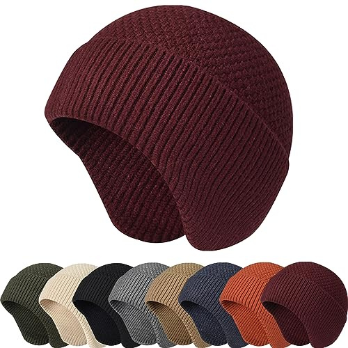 Enwokran Stickad mössa hatt varma vintermössor unisex stretchig vindtät öronlapp stickad skalle keps slouchy med öronvärmare för löpning fiske skidåkning cykling utomhussport, Rödvin, one size
