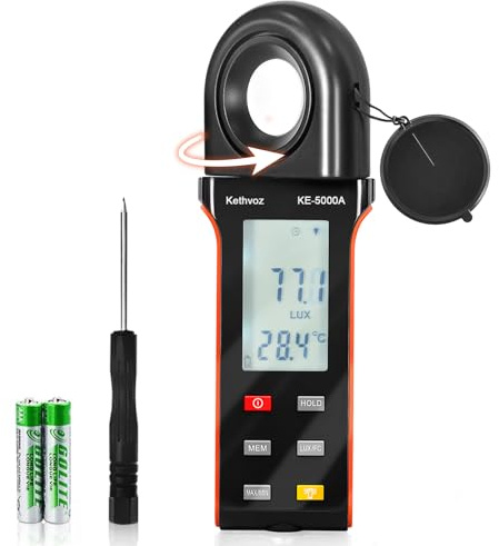 Kethvoz Digital Illuminance Light Meter, 400,000 Lux/FC Illuminance Tester with 270° Rotating Sensor, Data Logging, for Indoor Plants, Greenhouse, Grow Tent, Aquarium, Photography Lighting Measurement