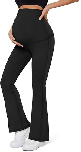 KEEPGYM moderskap utsvängda leggings över magen – mjuk graviditet bjällra byxor för lounge yoga vardag, Svart – utsvängd, M