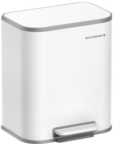 SONGMICS Pattumiera da Cucina, Cestino a Pedale da 20L, Pattumiera in Acciaio, Coperchio a Chiusura Morbida, Rimane Aperto, Secchio Interno, Ampio Pedale Antiscivolo, Bianco Nuvola LTB542W02