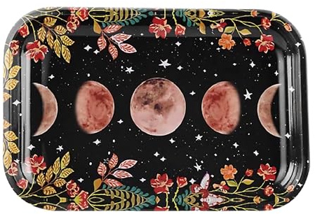 Moon Phase Rolling Tray for Women - Cute Celestial Large 11 X 7 Spiritual Astrology Tobacco Smoking Accessories for Girls Gift - Vanity Stone Crystal Holder - Witch Spiritual Decor for Teens