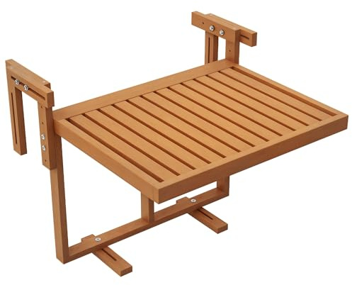 Outsunny Mesa Colgante de Balcón Mesa para Balcón Plegable de Madera con Altura Ajustable en 4 Niveles Carga 20 kg para Terraza 68x65x40,5-55 cm Madera Natural