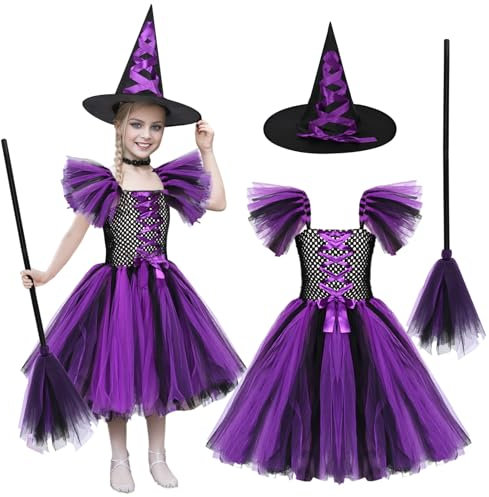 HarnyLoom Girl Halloween Witch Costume Kids, Purple Witches Toddler Halloween Outfit Girl's Tights Skirt Dresses Witch Hat Brooms Broomstick Halloween Party Fancy Dress Up (Purple, 100 (3-4 years))