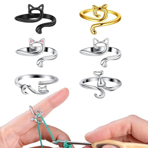 GOWTX 6 Stück Verstellbare Häkelringe Set, Katzenohren Häkelringe, Strick Häkelschlaufenringe für Finger, Offener Fingerring Stricken Zubehör, Garnführung Strickring für Mutter-Oma-Geschenke
