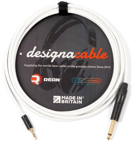designacable.com 10m - White Stereo Mini Jack to Mono Jack Lead - Handmade in the UK using Van Damme Pro-Patch XKE Microphone Cable & Rean NYS231BG 3.5mm Stereo Mini Jack & Neutrik NP2X-B 1/4 Jacks.