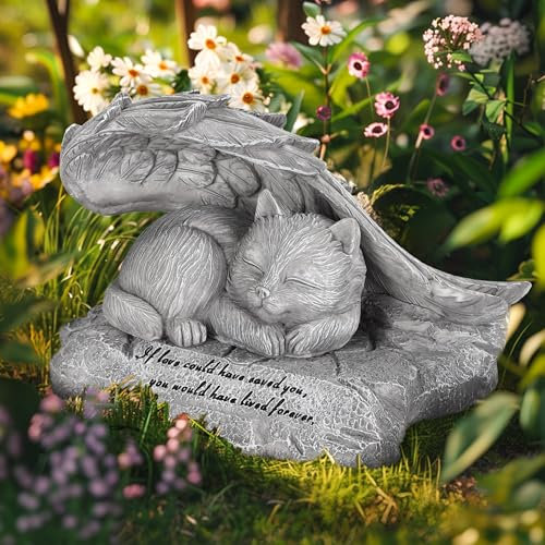 DiDiBirDi Gatto angelo animale domestico monumento tomba pennarello tributo statua, pietre commemorative per animali domestici da giardino gatto ornamento pietra con ali d'angelo, regalo per la