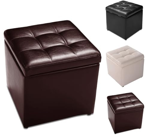 HOMASIS Pouf Contenitore Quadrato, Poggiapiedi Divano in PU, Cassapanca Camera da Letto, Portaoggetti da Ingresso, Salotto, Sgabello di Stoccaggio Basso, 40 x 40 x 40 cm, Portata 110 kg (Marrone)