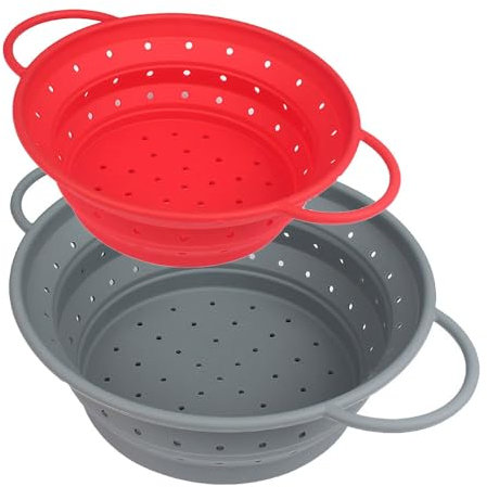 Surwin Scolapasta Pieghevole Salvaspazio, 2 Pezzi Scolapasta Silicone Verdura Cesto Scolapasta Plastica Silicone Pieghevole, per Drenare Pasta, Verdura, Frutta (Rosso S Grigio L)
