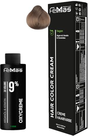 Femmas Haarfarbe Set Hellblond 8 I Hair Color Cream 100ml + Oxycreme 100ml 9% I Permanente Haar-Coloration + Entwickler I Schonend & langanhaltend I Salon-Haarfarbe für Zuhause