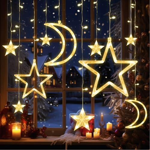 Fairy String LED Lights, Stars and Moon Window Curtain Lights Battery Powered, 3.5m/11.5ft 138 LED Indoor Outdoor Ramadan Christmas Festival Party Garden Home Birthday Decoration Light, Warm White